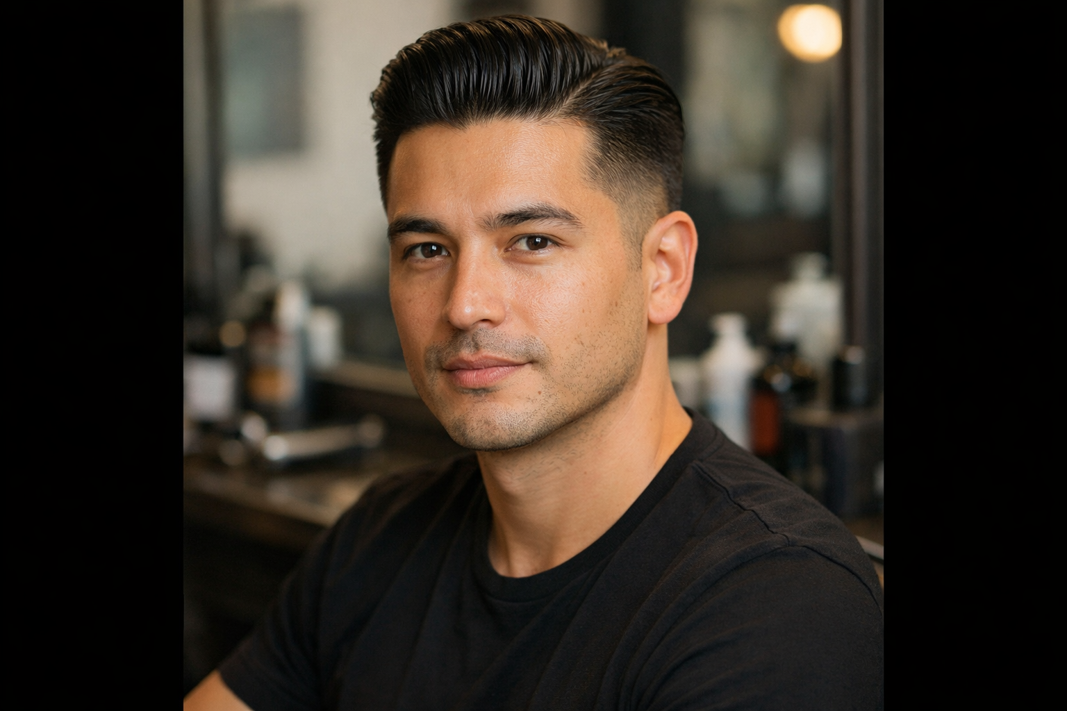 Corte undercut clássico em homem com rosto oval e cabelo liso escuro