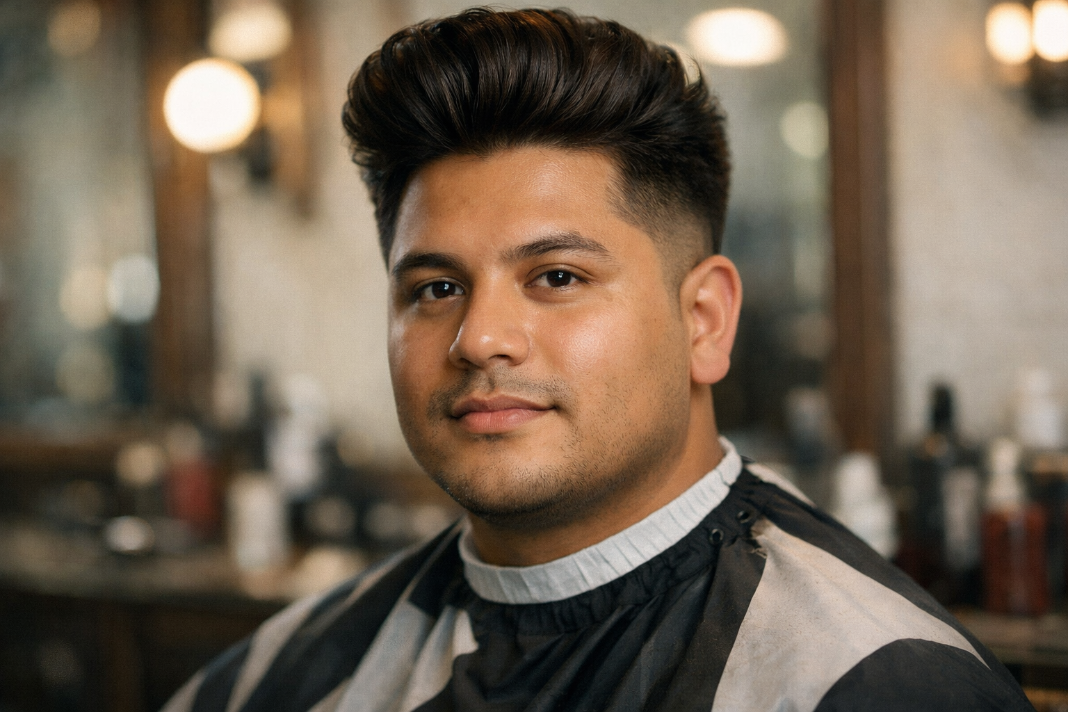 Corte pompadour com degradê lateral em homem com rosto redondo e barba desenhada