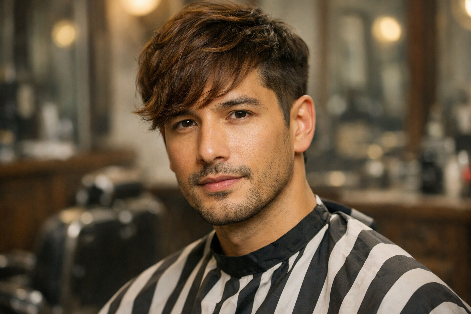 Corte médio com franja lateral em homem com rosto oblongo e cabelo ondulado