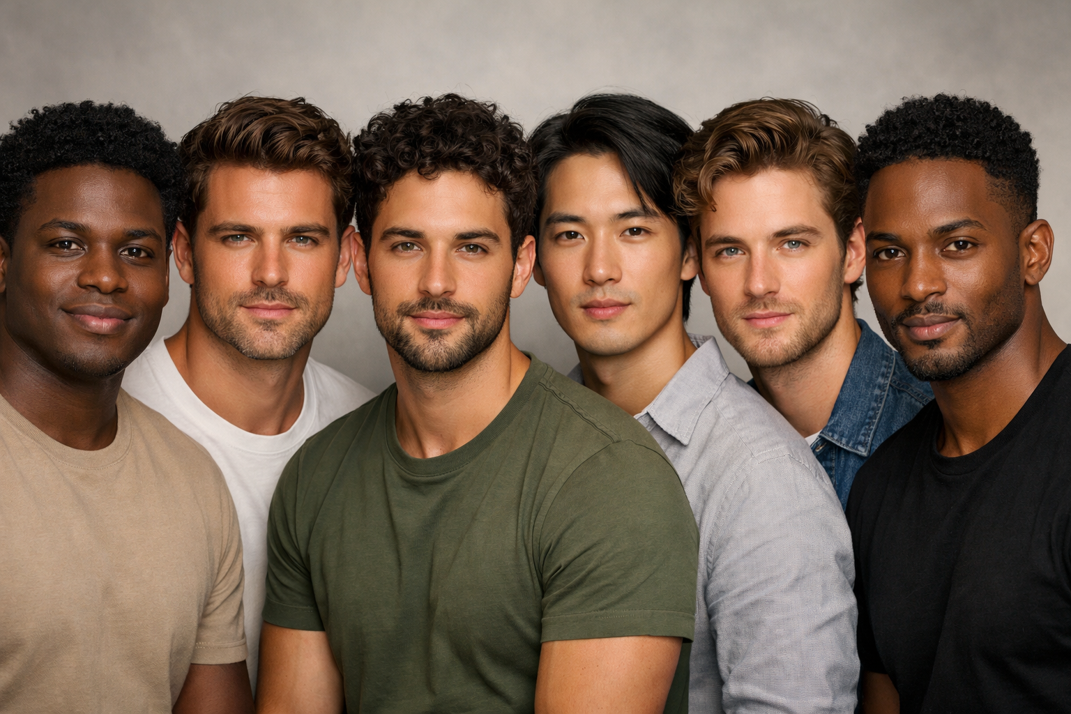 Seis homens de diferentes etnias mostrando os formatos de rosto redondo, quadrado, oval, oblongo, triangular e diamante