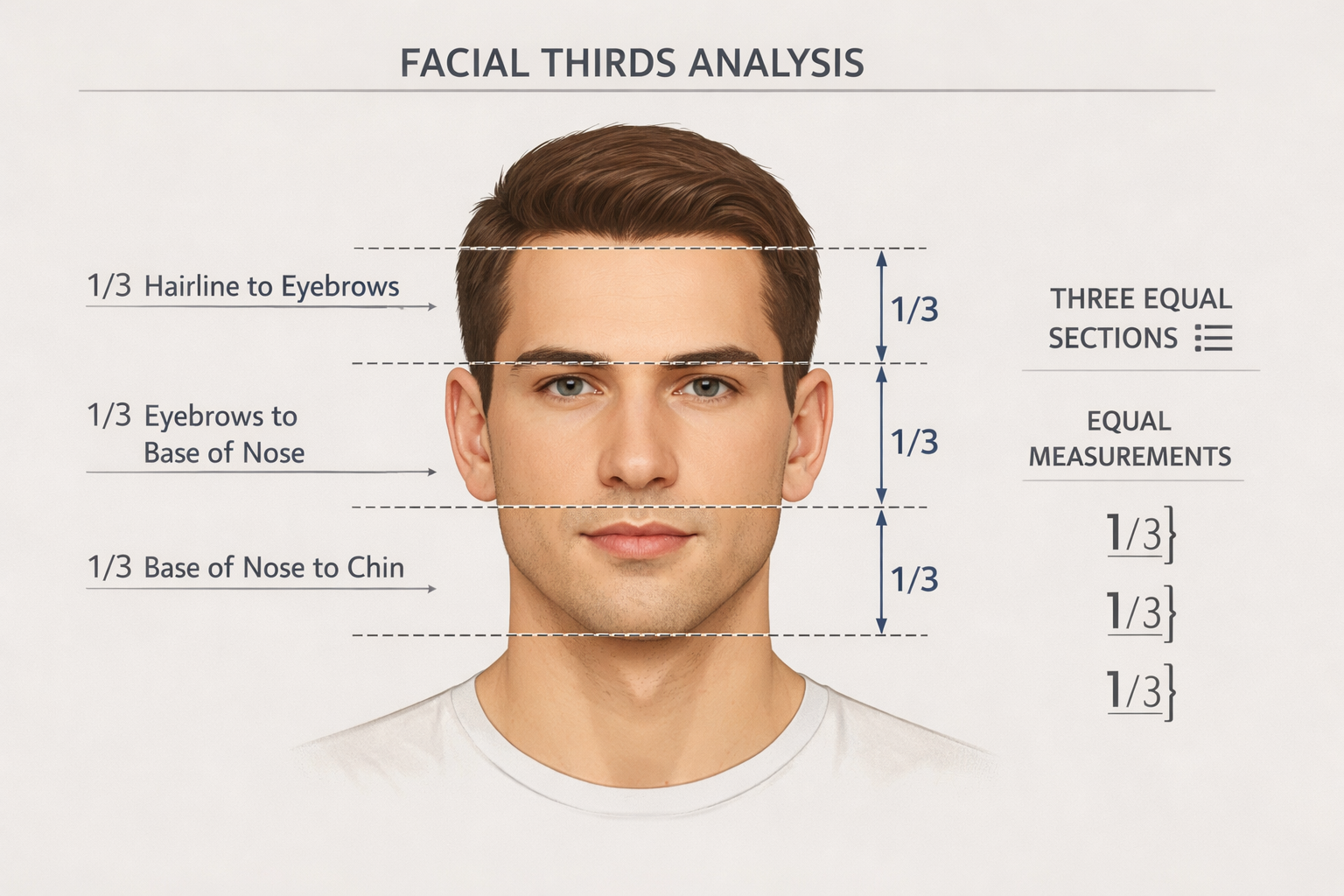 Diagrama de terços faciais masculinos mostrando proporções e pontos de medição