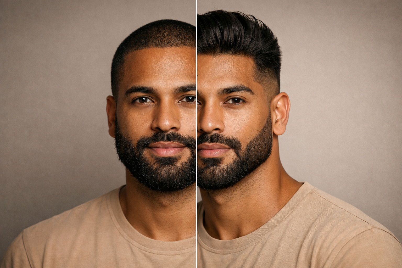 Comparação antes e depois de visagismo masculino em homem com rosto redondo mostrando mudança de corte e barba