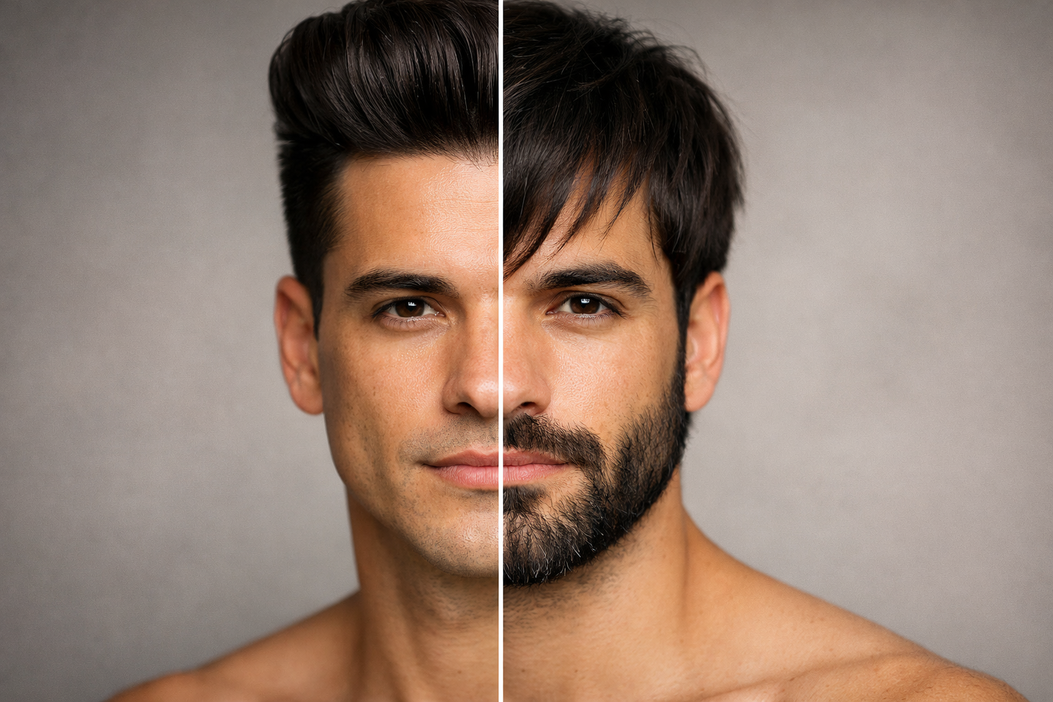 Antes e depois de visagismo masculino em homem com rosto oblongo mostrando correção de proporções