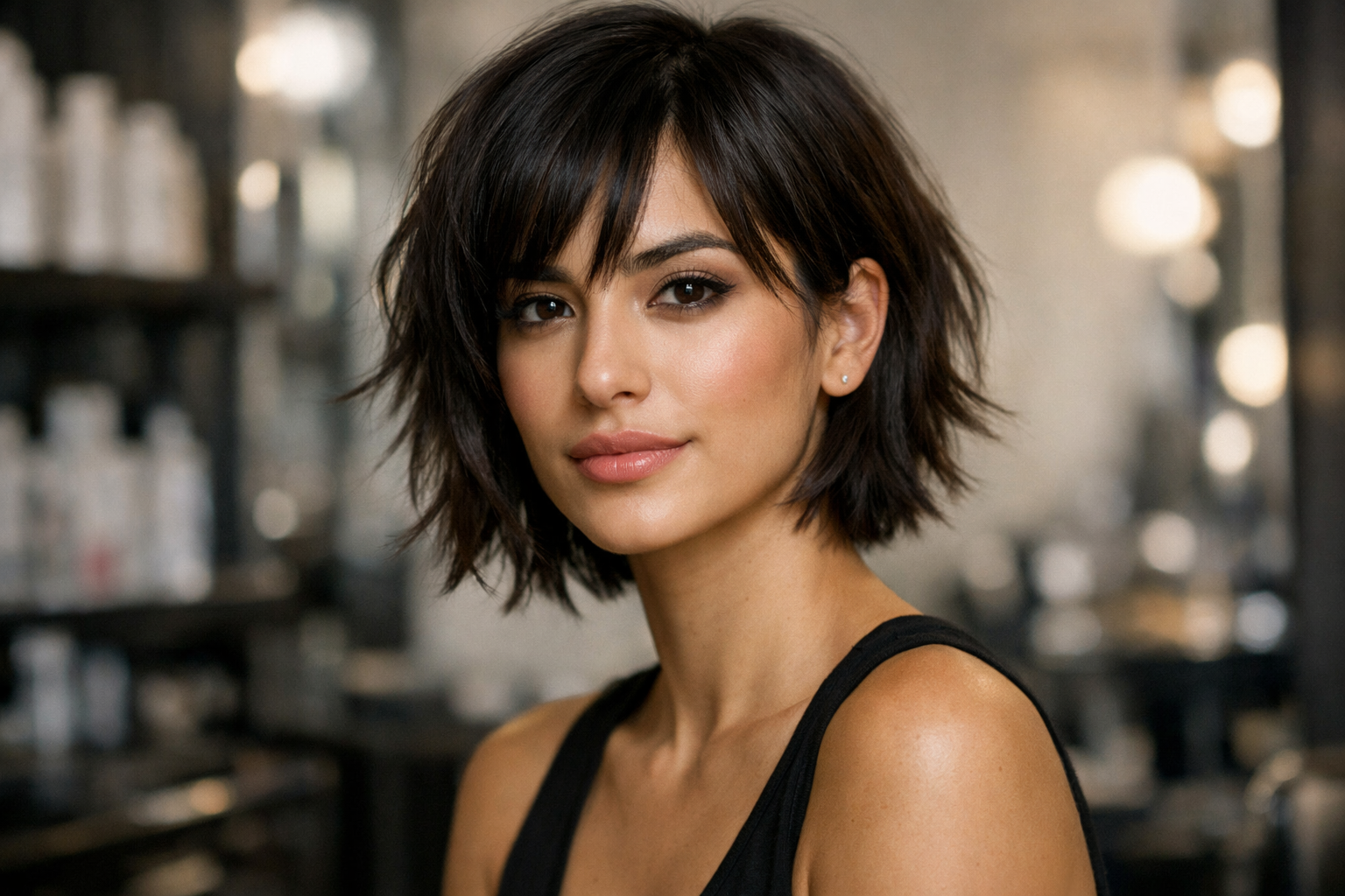 Corte repicado em camadas curto em mulher com cabelo liso escuro e rosto oval