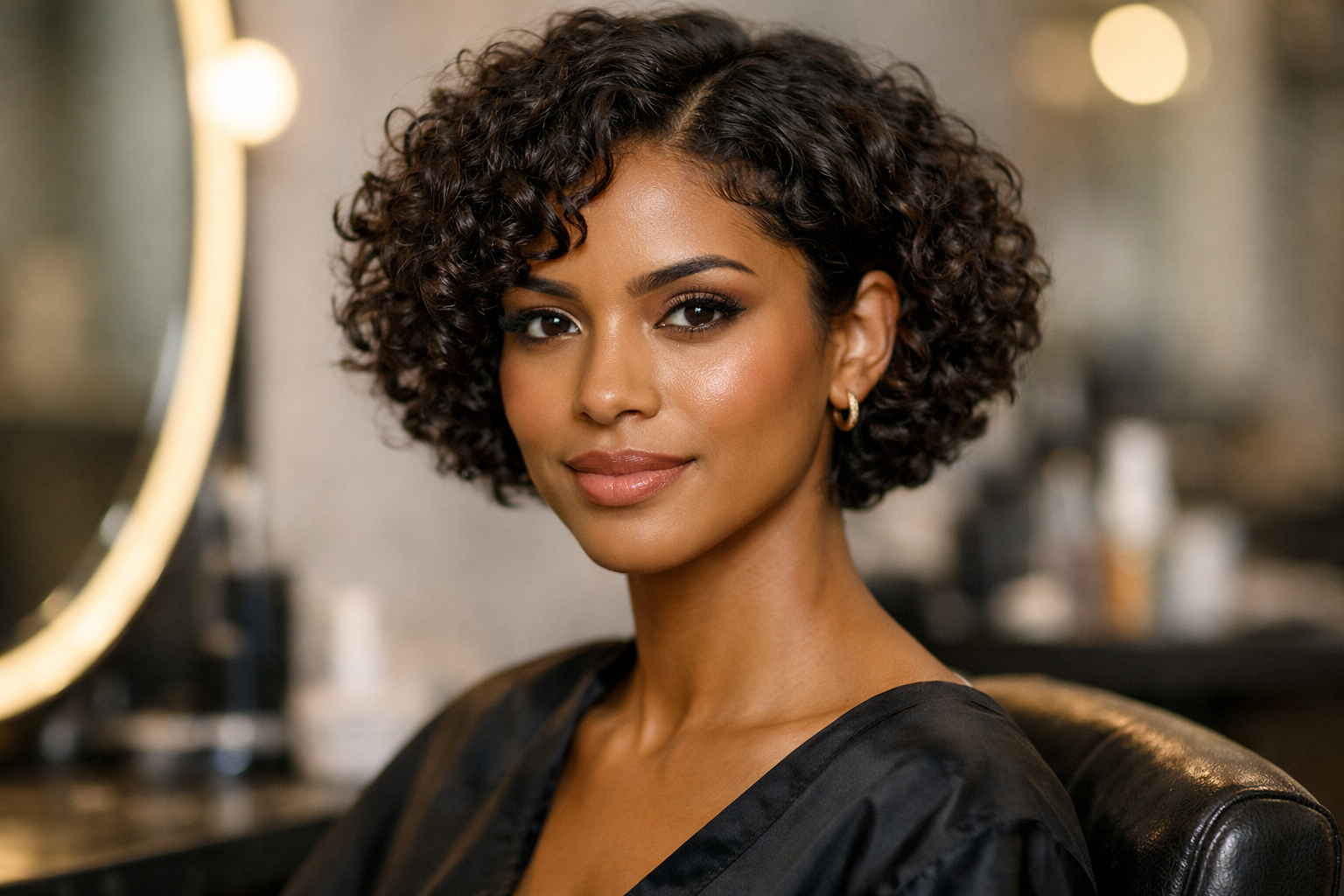 Mulher com cabelo cacheado curto tipo 3B em corte bob acima da orelha