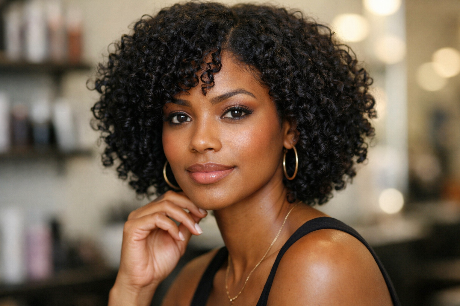 Corte bob cacheado em camadas em mulher com cabelo tipo 3C e rosto quadrado
