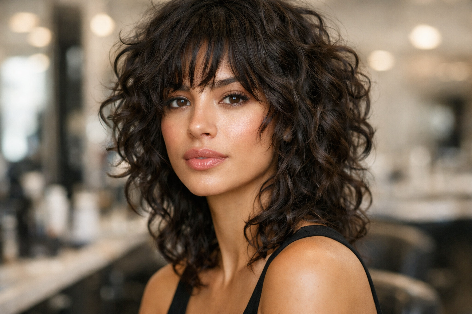 Corte curly shag em mulher com cabelo tipo 3B e rosto coração
