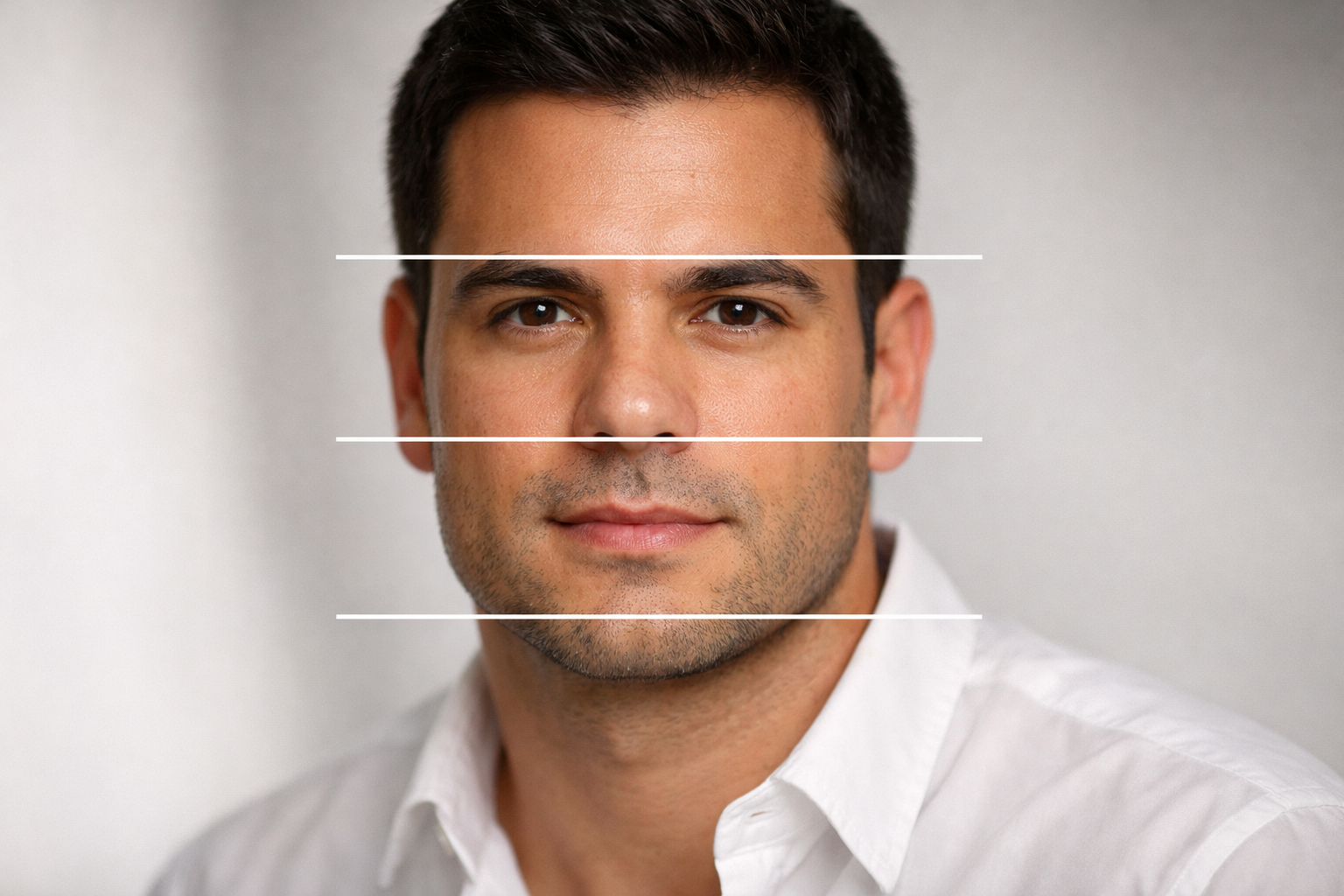 Diagrama de medição dos três terços faciais em rosto masculino com linhas horizontais