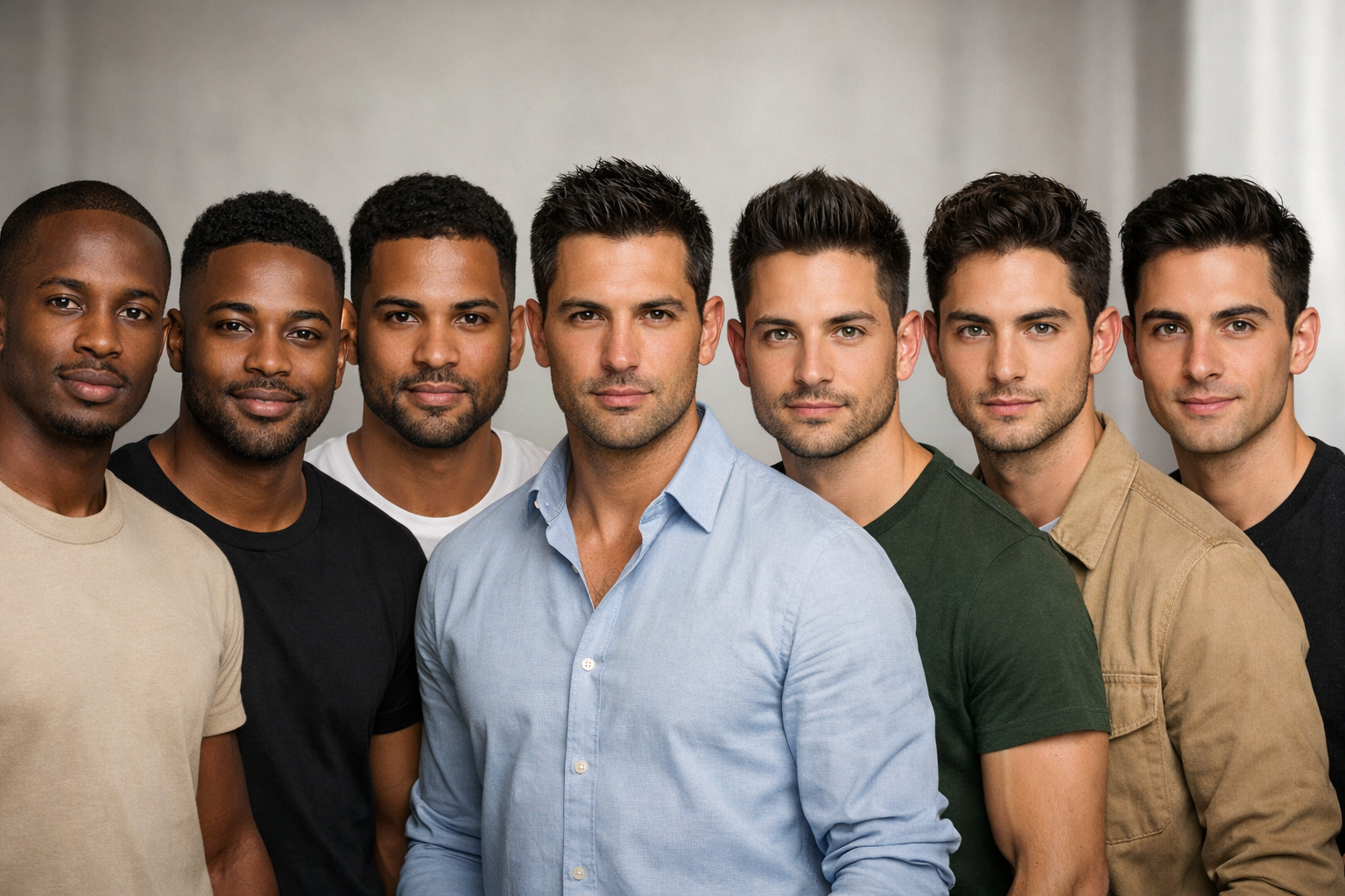 Sete homens demonstrando diferentes formatos de rosto em linha horizontal