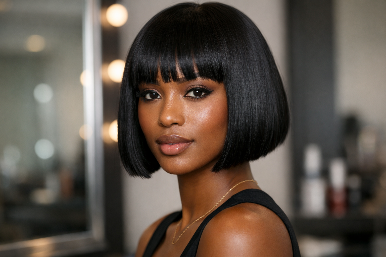 Chanel francês com franja reta em mulher com rosto oval e cabelos pretos lisos