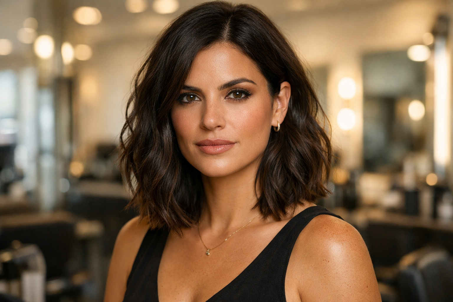 Long bob ondulado com camadas sutis em mulher com cabelo castanho e rosto quadrado