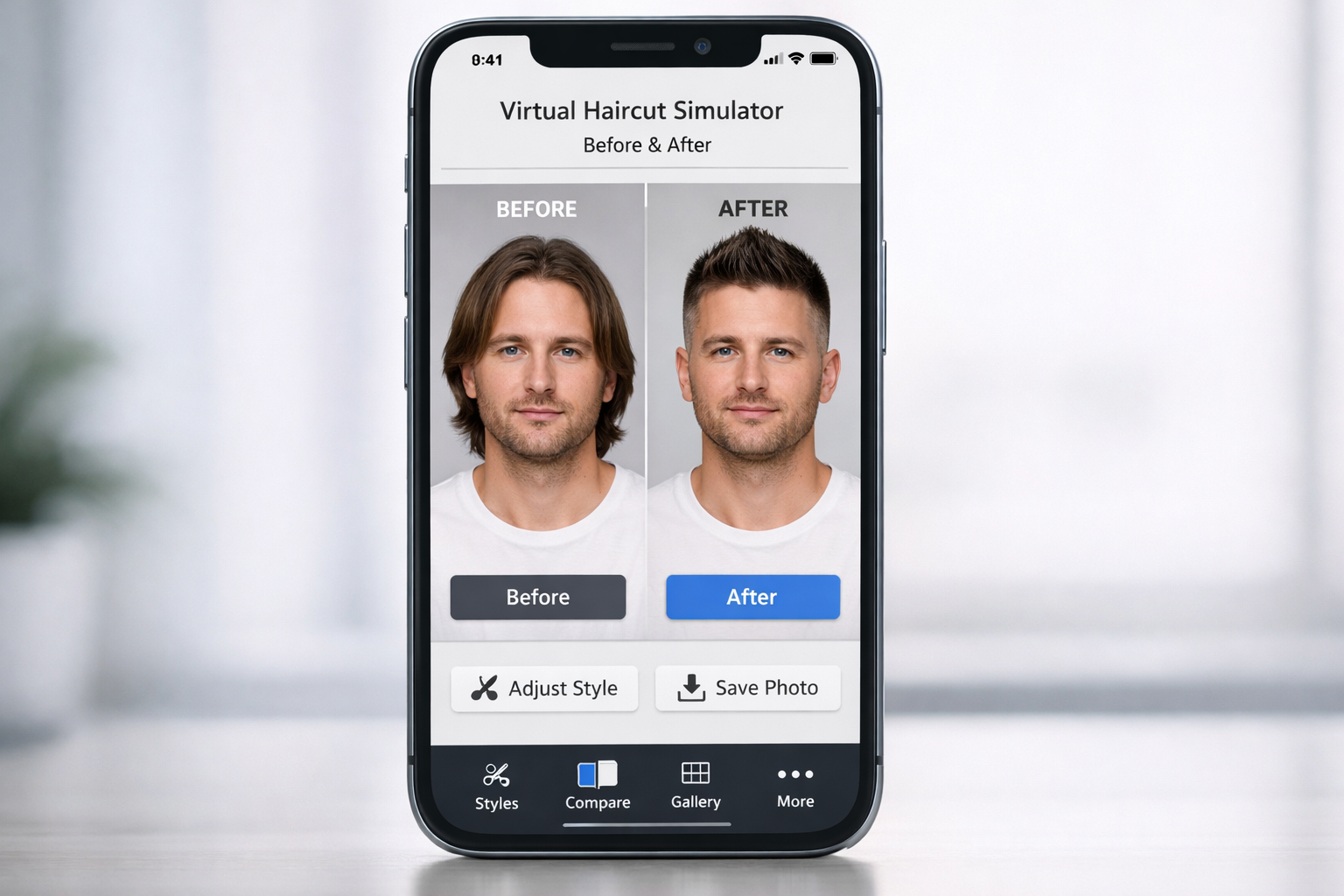 Interface de simulador virtual de corte de cabelo mostrando antes e depois em tela de smartphone