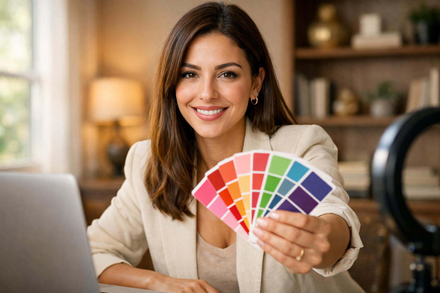 Profissional apresentando paleta de cores personalizada em videochamada para cliente