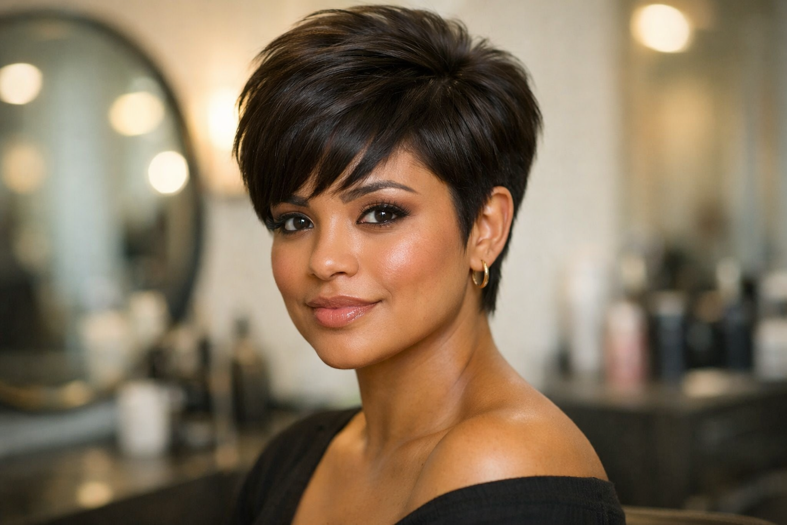 Mulher com rosto redondo e cabelo curto pixie estruturado com volume no topo