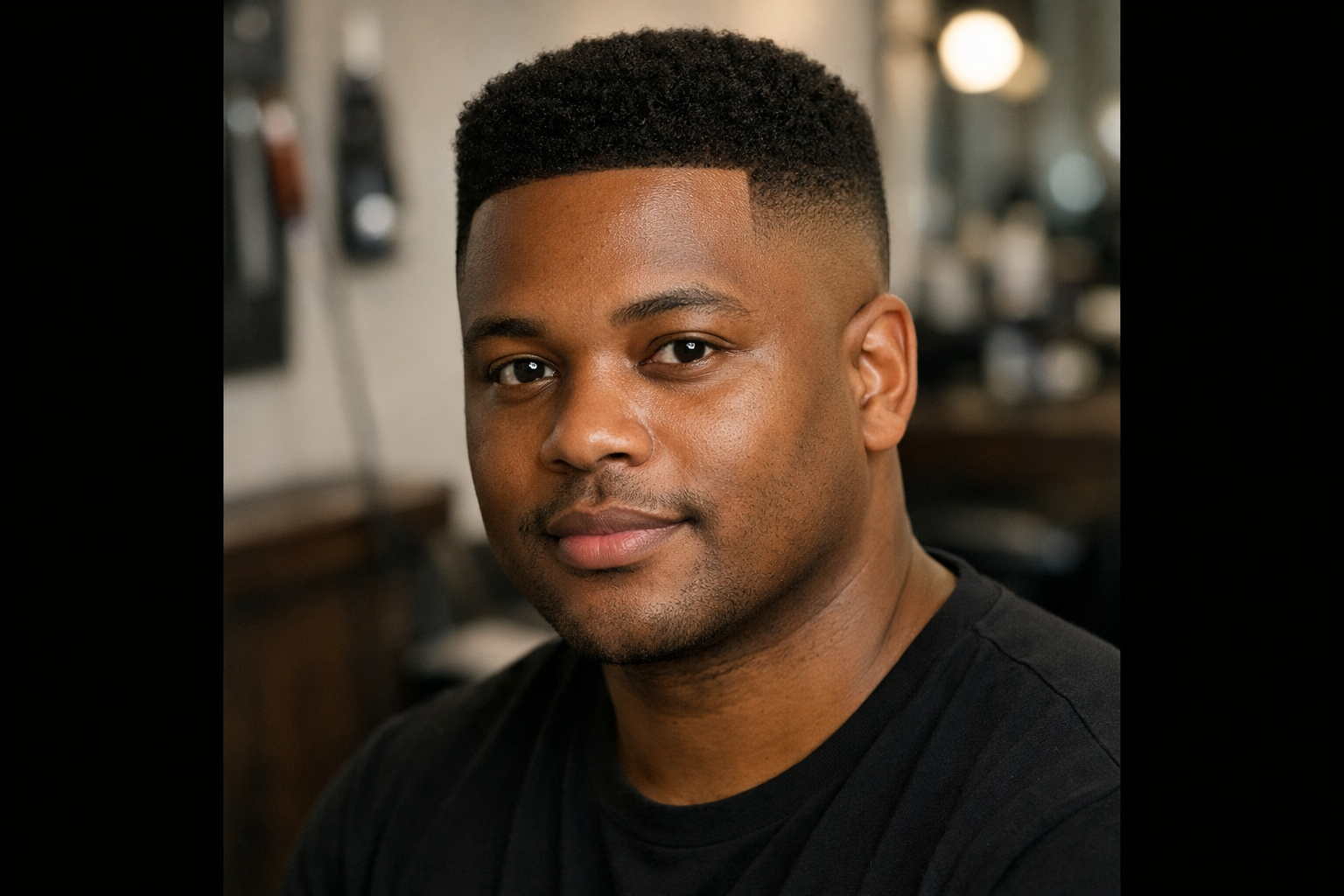 Corte americano com degradê alto em homem com rosto redondo e cabelo escuro