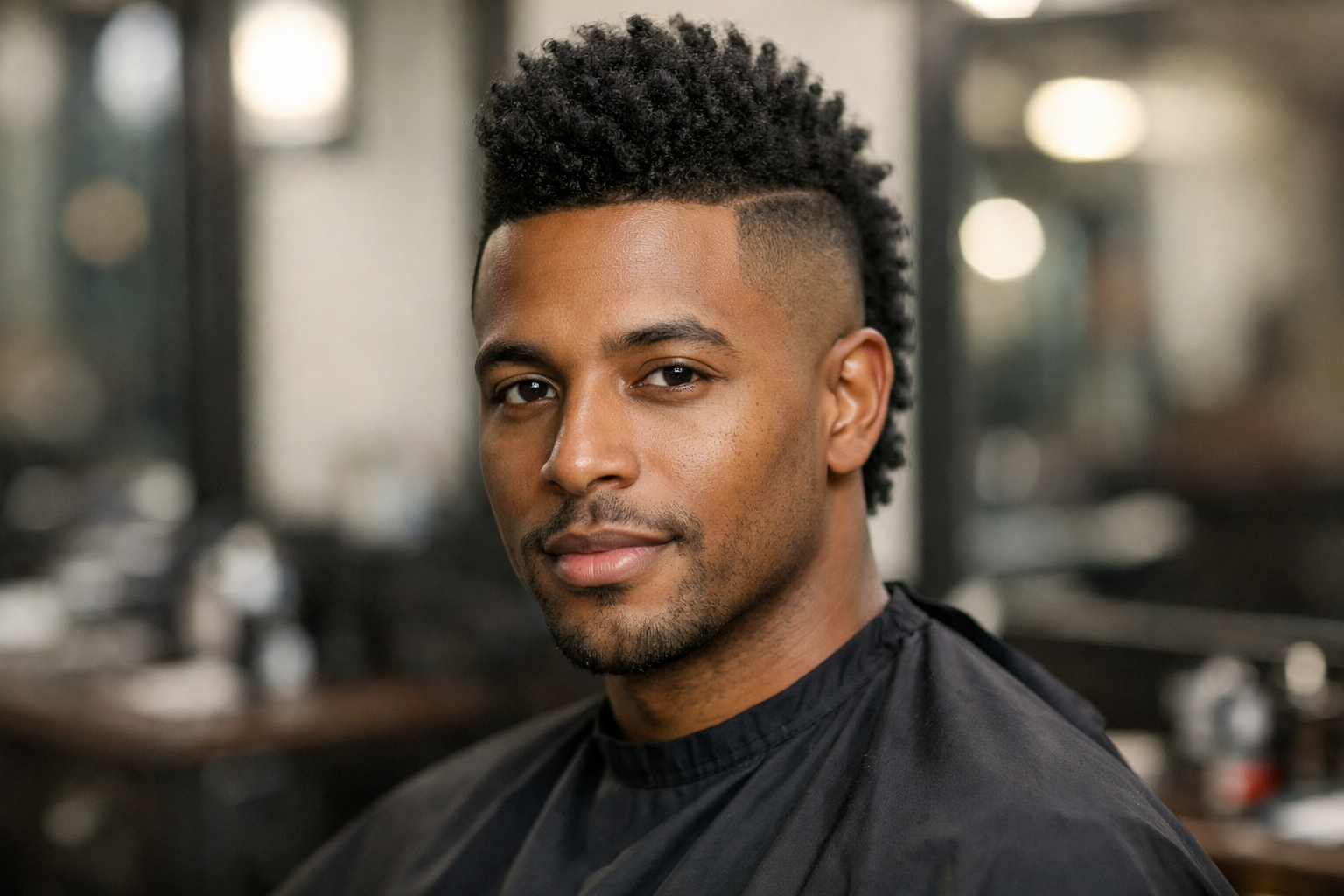 Corte moicano clássico com degradê lateral em homem com rosto oval e mandíbula definida