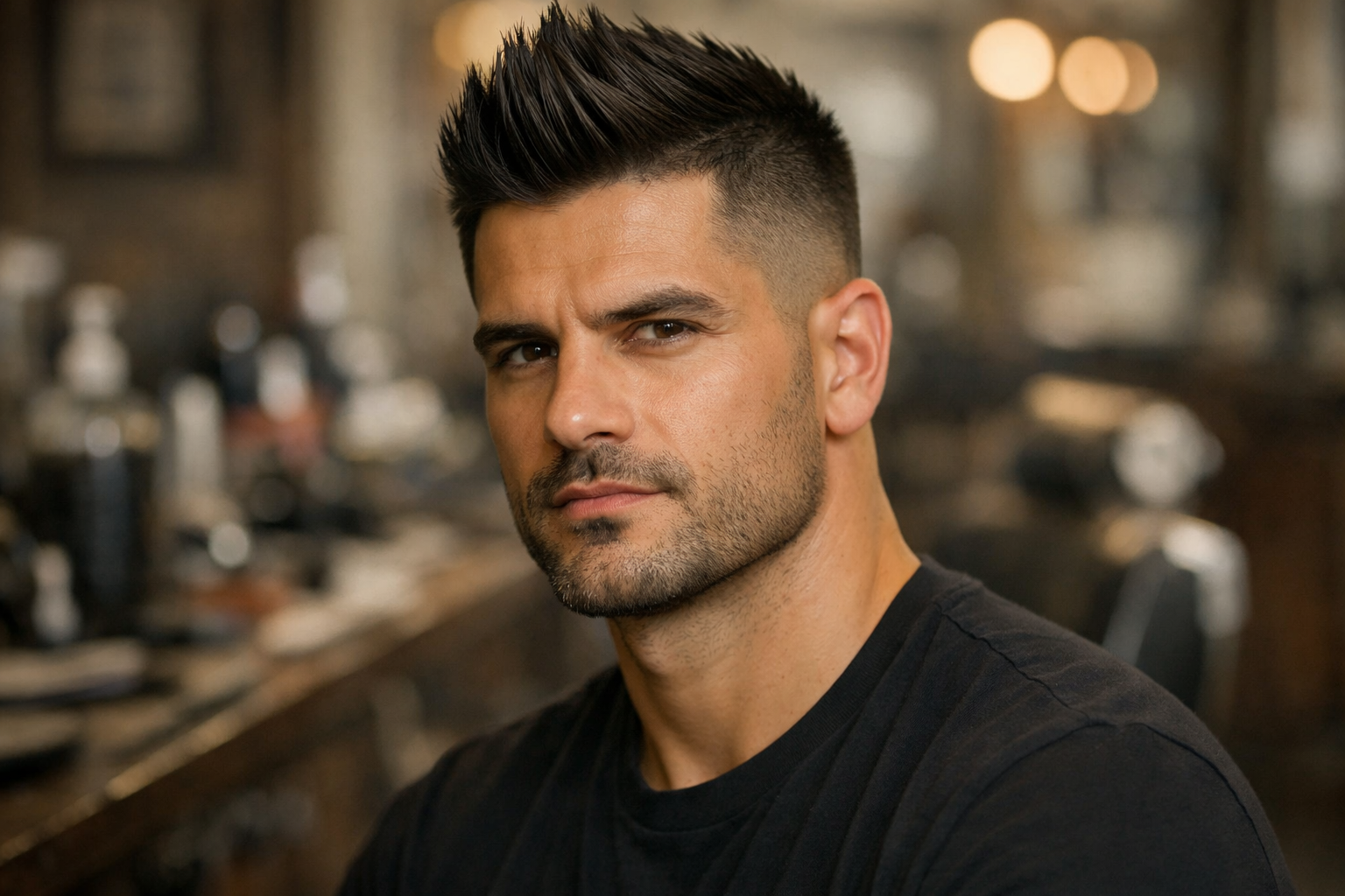 Faux hawk com degradê médio em homem com rosto quadrado e barba curta desenhada