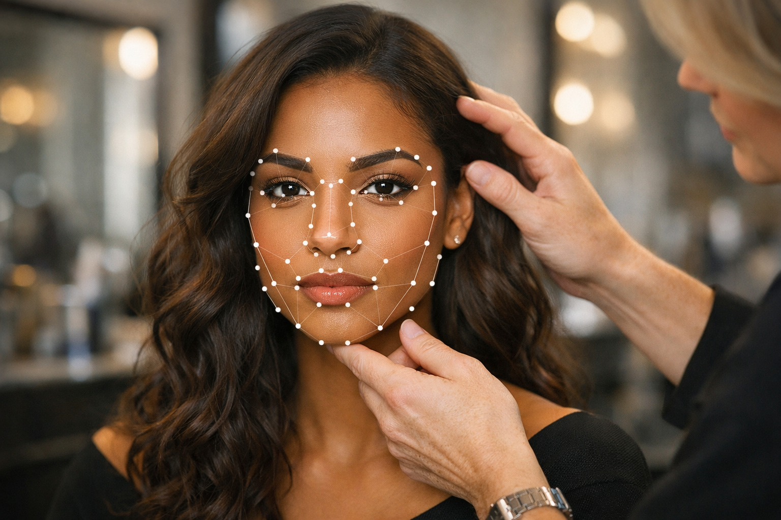 Mulher com rosto oval recebendo análise facial de visagismo com marcações dos 68 pontos mapeados
