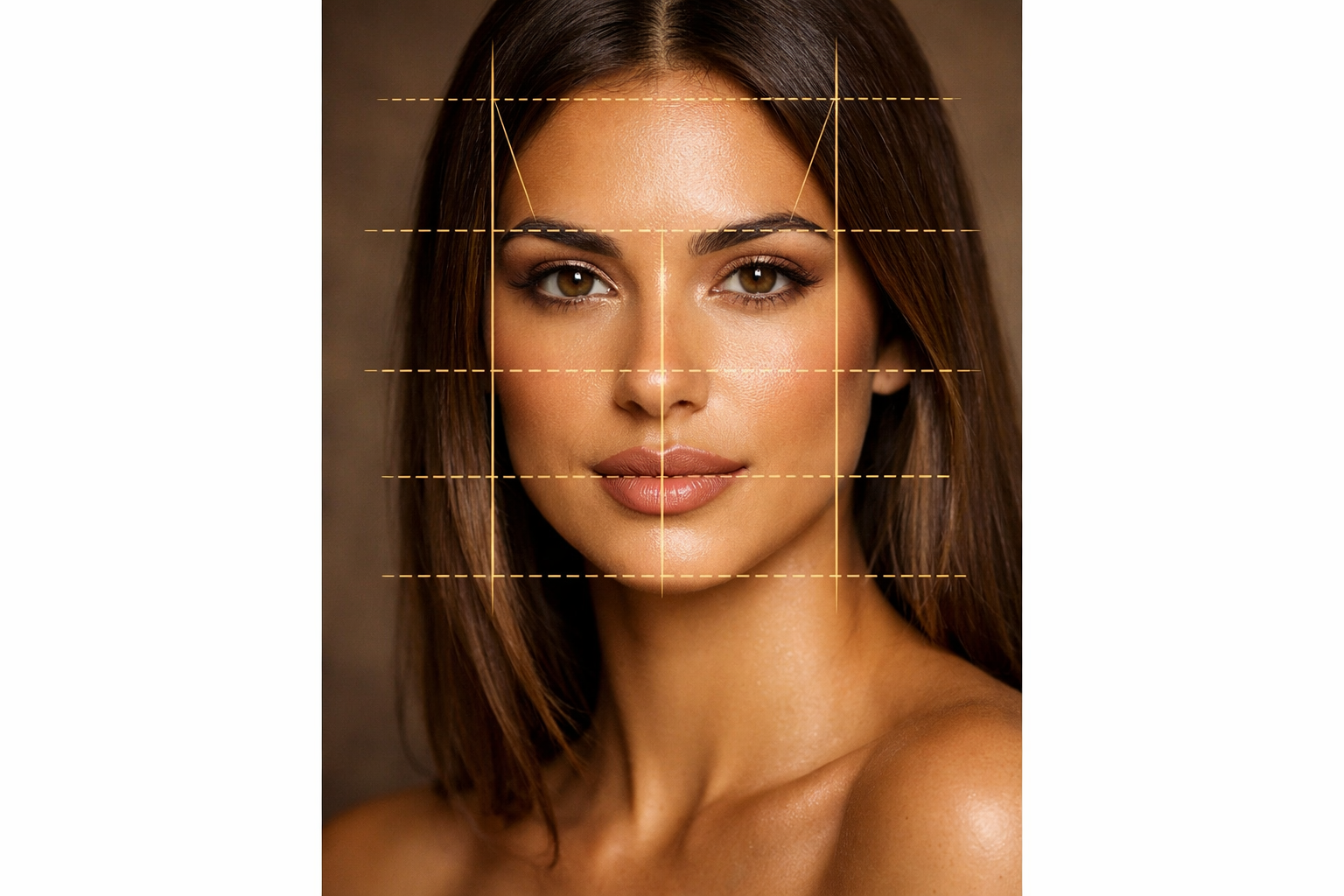 Diagrama mostrando os três terços faciais e linhas de proporção áurea em rosto feminino