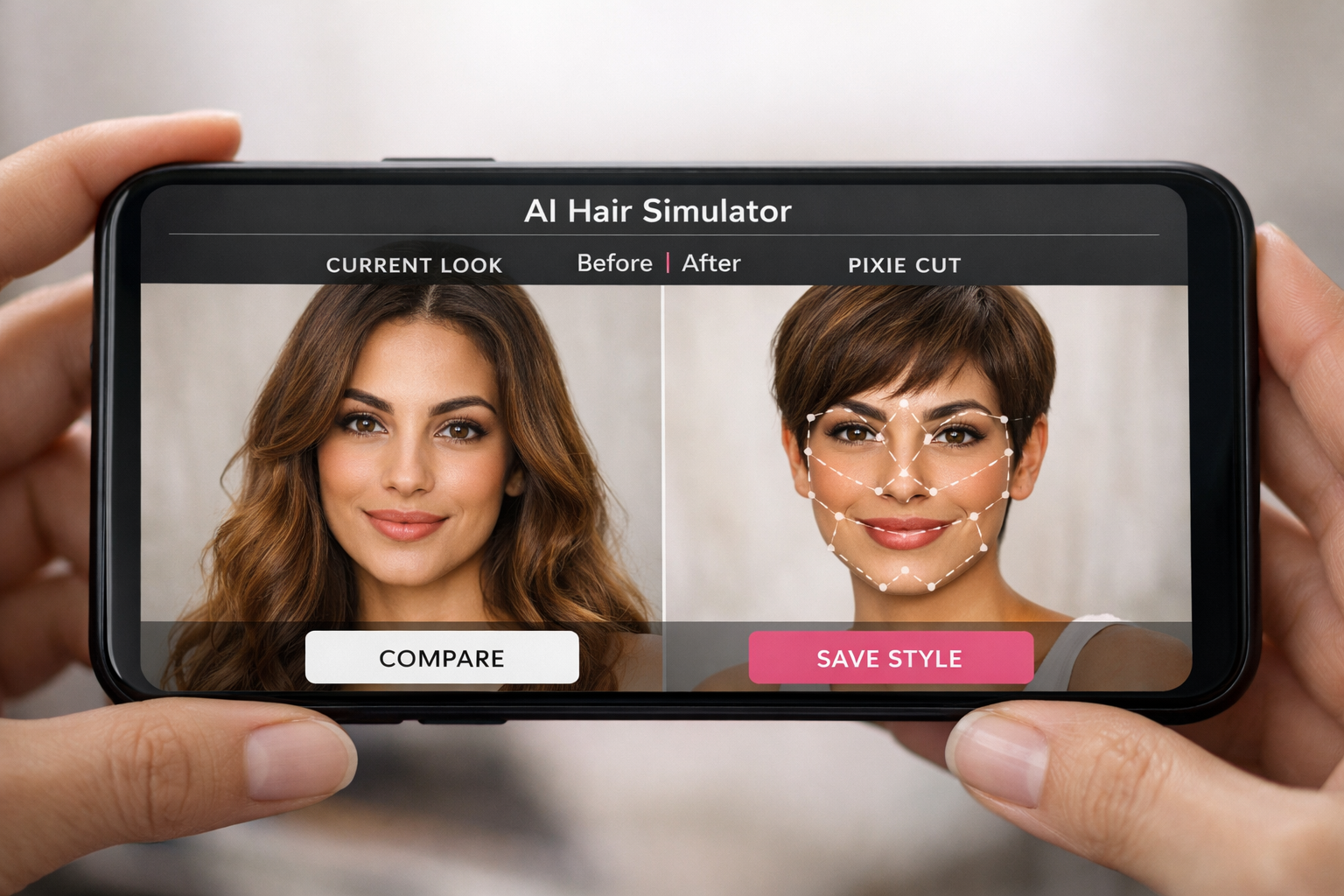 Interface do simulador de corte de cabelo com IA mostrando antes e depois em rosto feminino