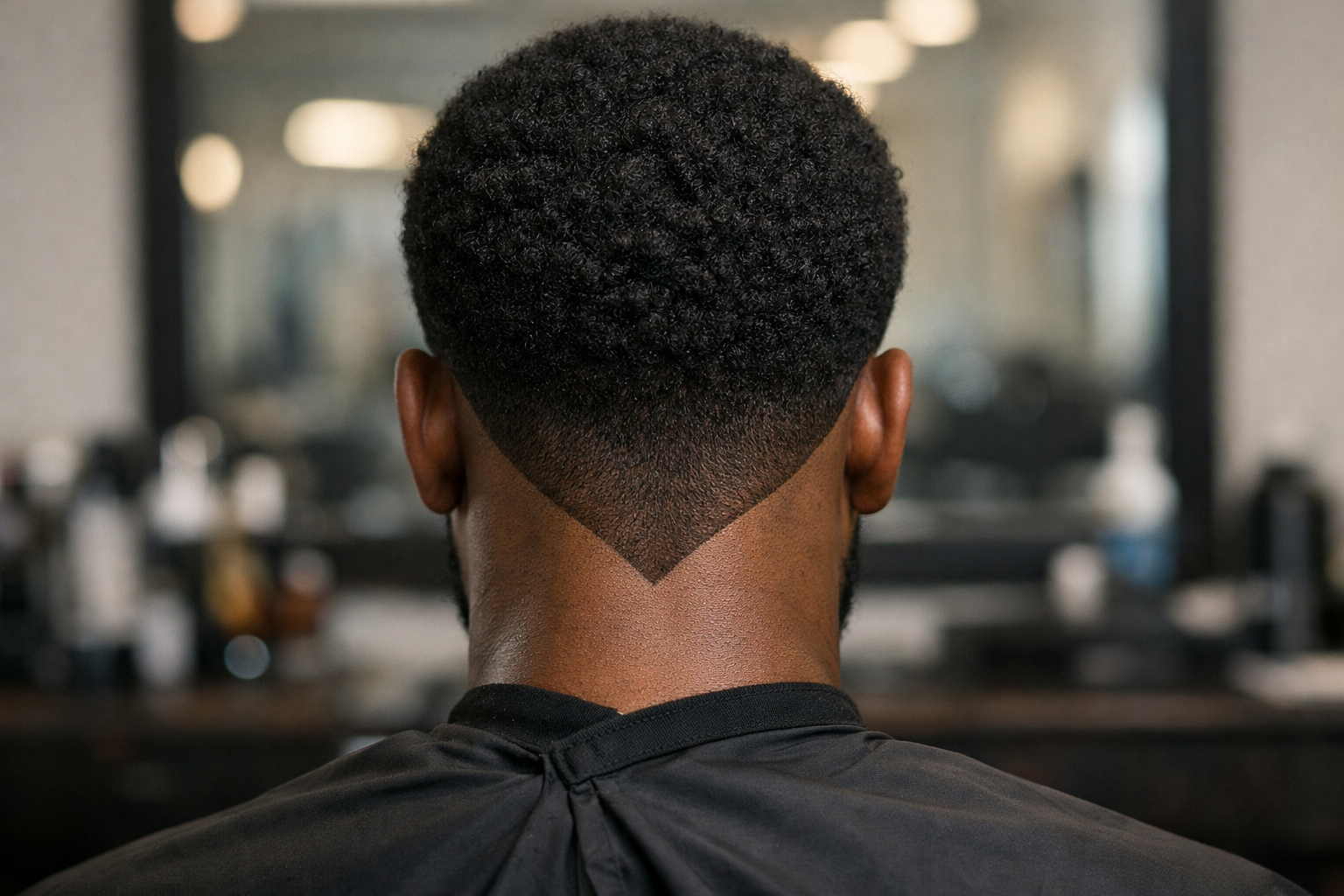 Nuca masculina com acabamento em V definido mostrando linha triangular do corte