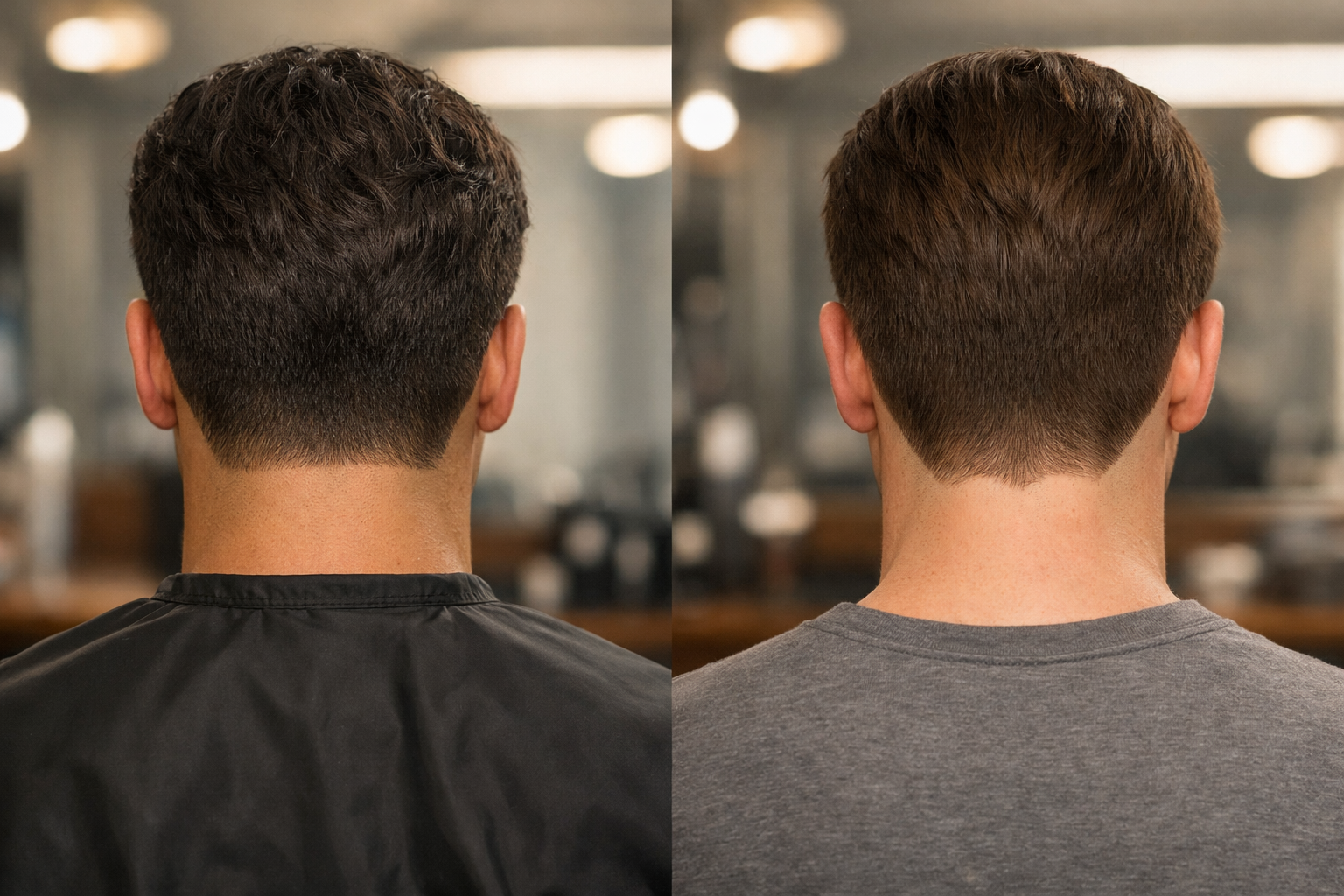 Comparação lado a lado de acabamento reto versus acabamento em V na nuca masculina