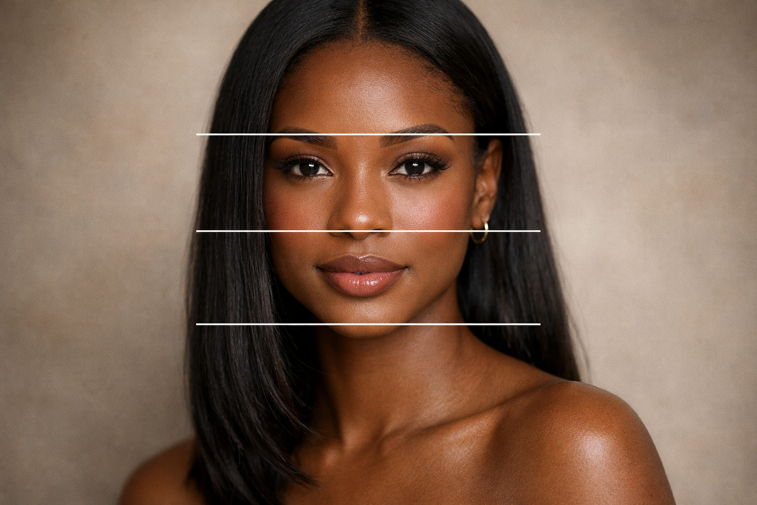 Diagrama de terços faciais em mulher com rosto oval e cabelos escuros