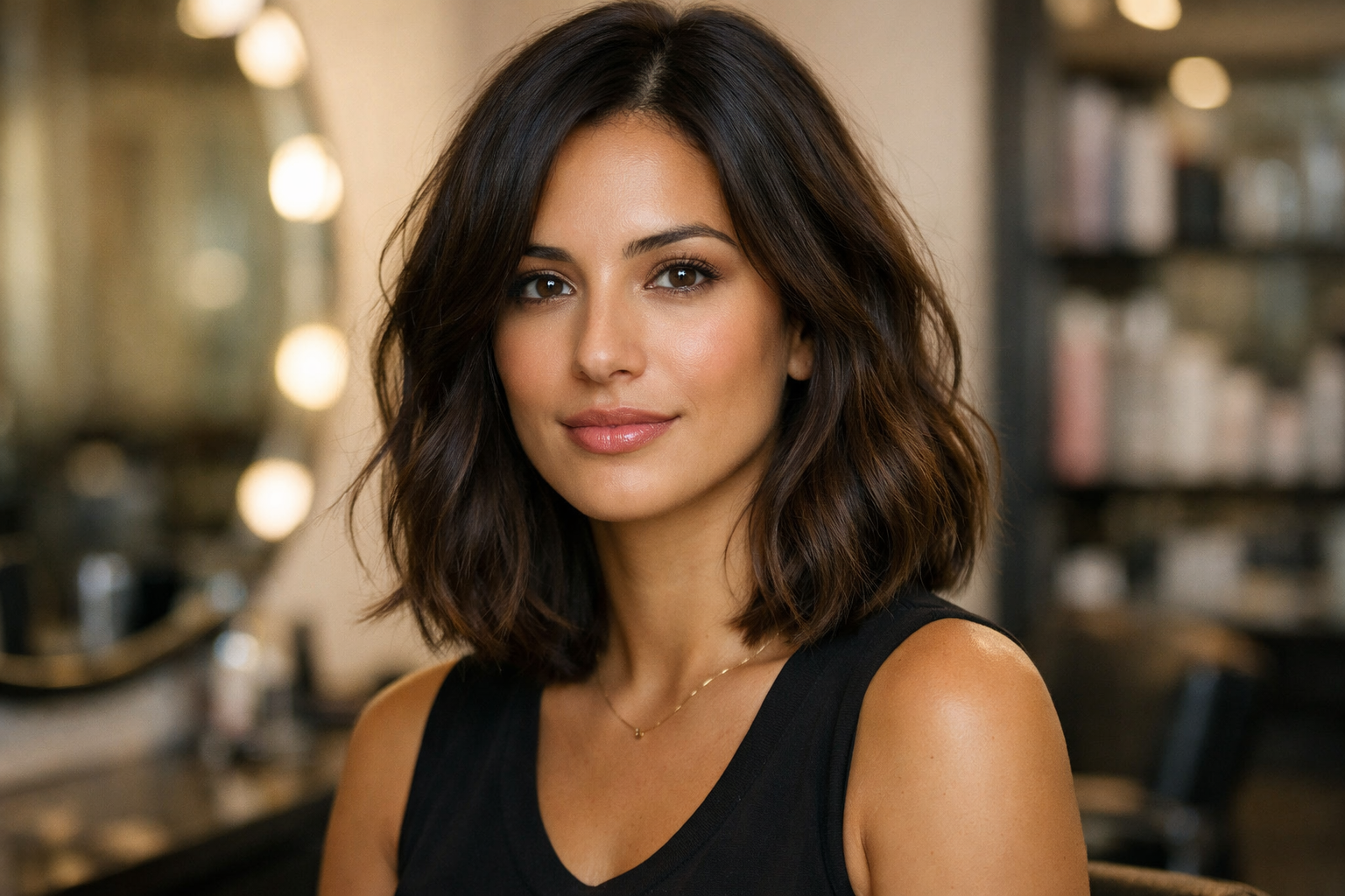 Corte lob em mulher com rosto oval e cabelos castanhos ondulados
