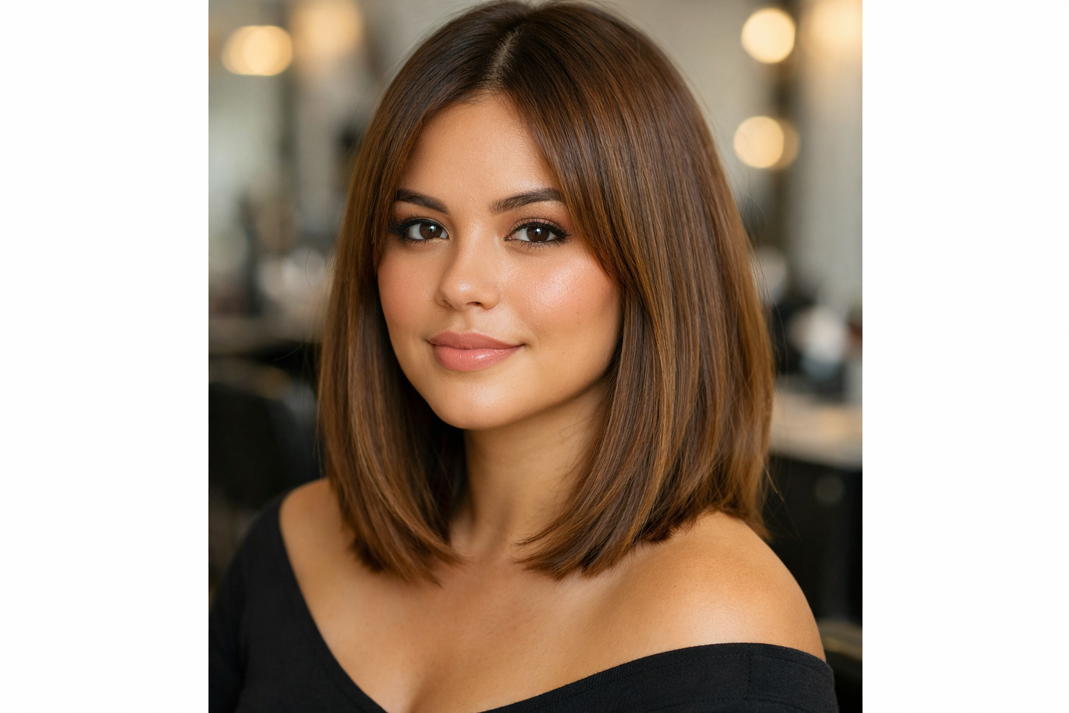 Corte long bob com camadas em mulher com rosto redondo e cabelos lisos