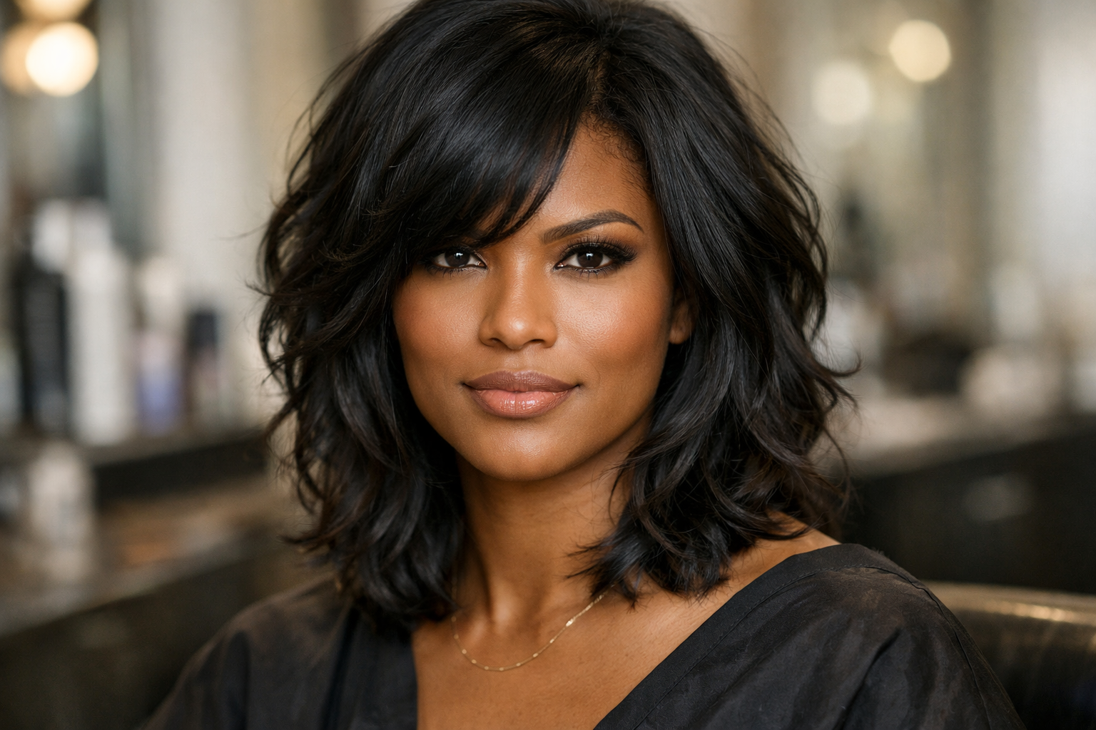 Corte em camadas com ondas em mulher com rosto quadrado e maxilar marcado
