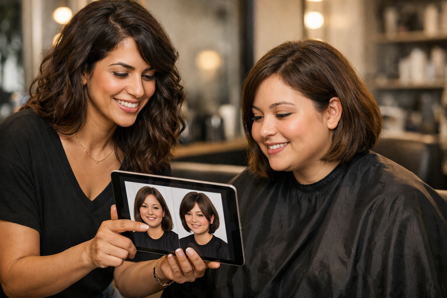 Profissional mostrando simulação de corte em tablet para cliente no salão