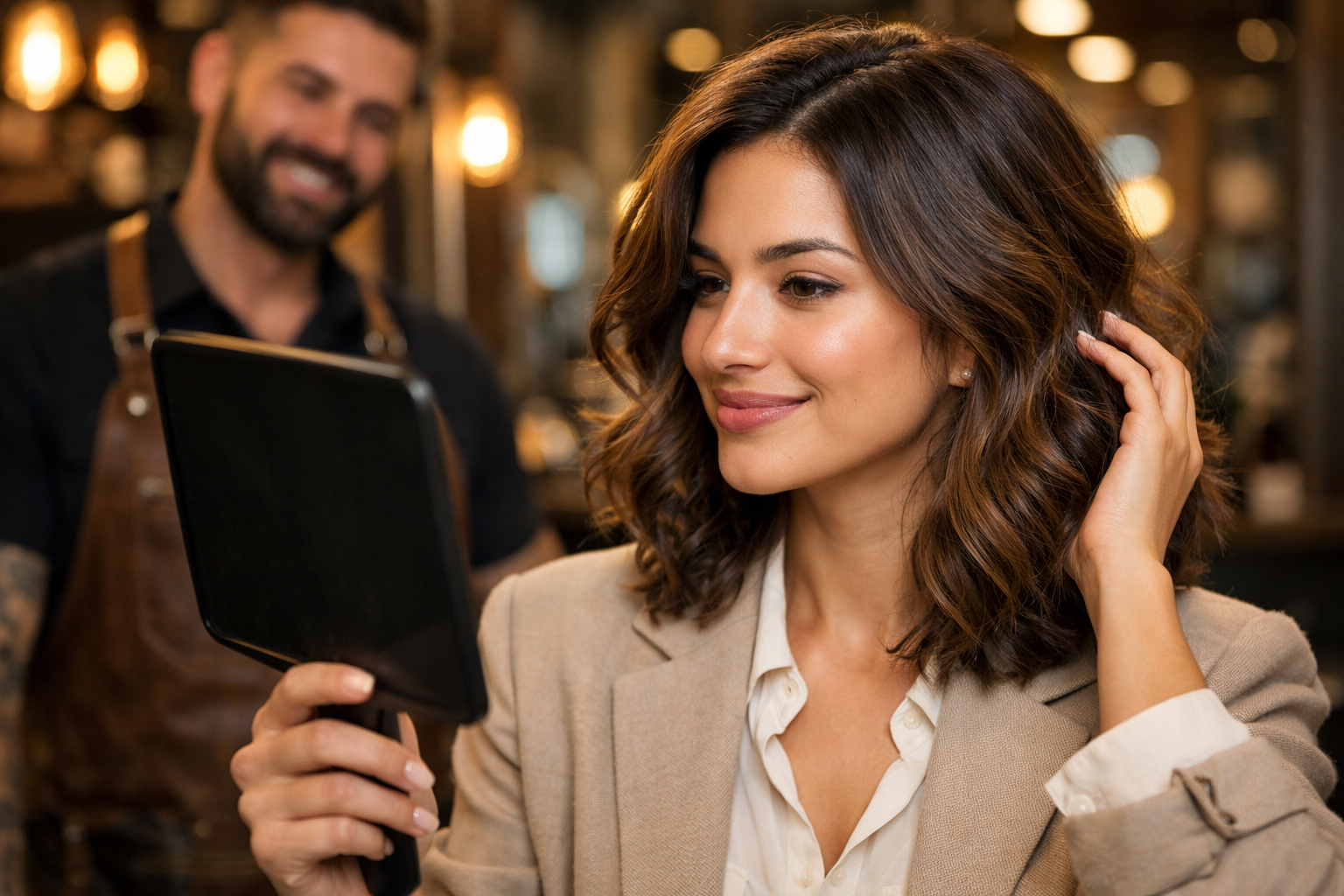Cliente satisfeito conferindo resultado de corte personalizado com análise facial em barbearia premium