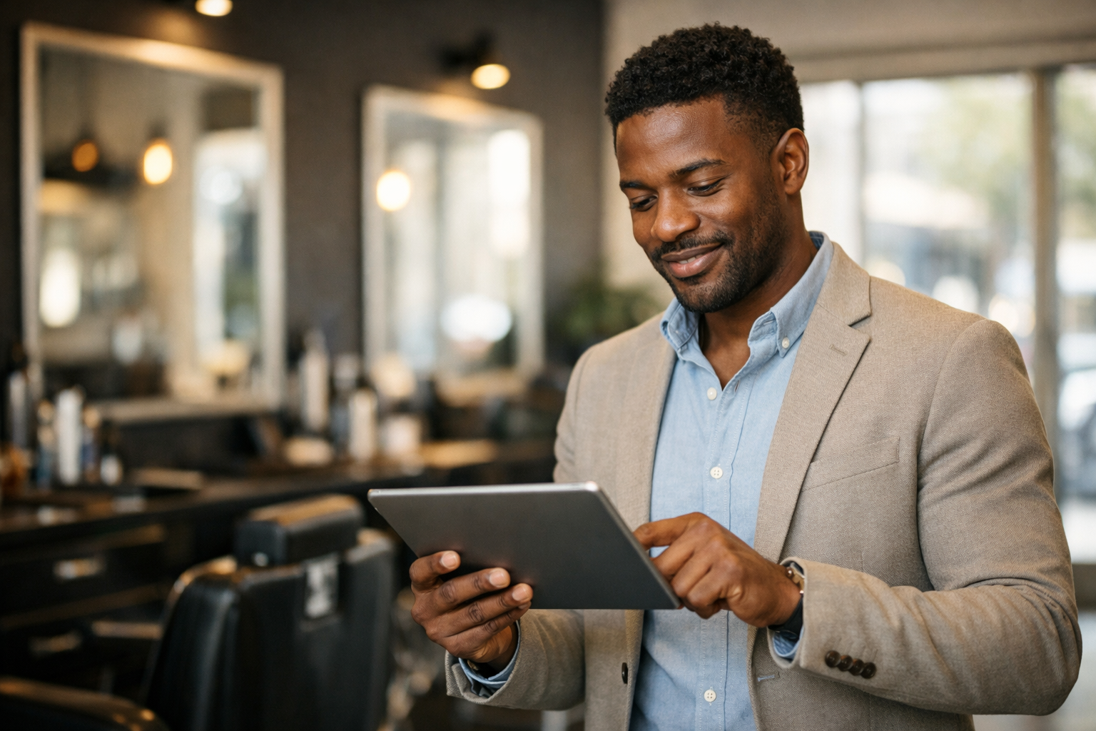Proprietário de barbearia com deep brown skin usando sistema de gestão em tablet