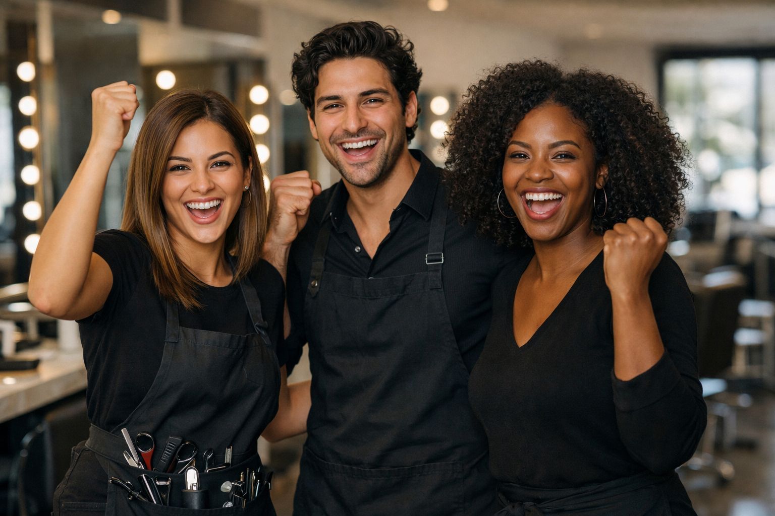 Equipe de salão com profissionais diversos comemorando resultado em frente ao espelho