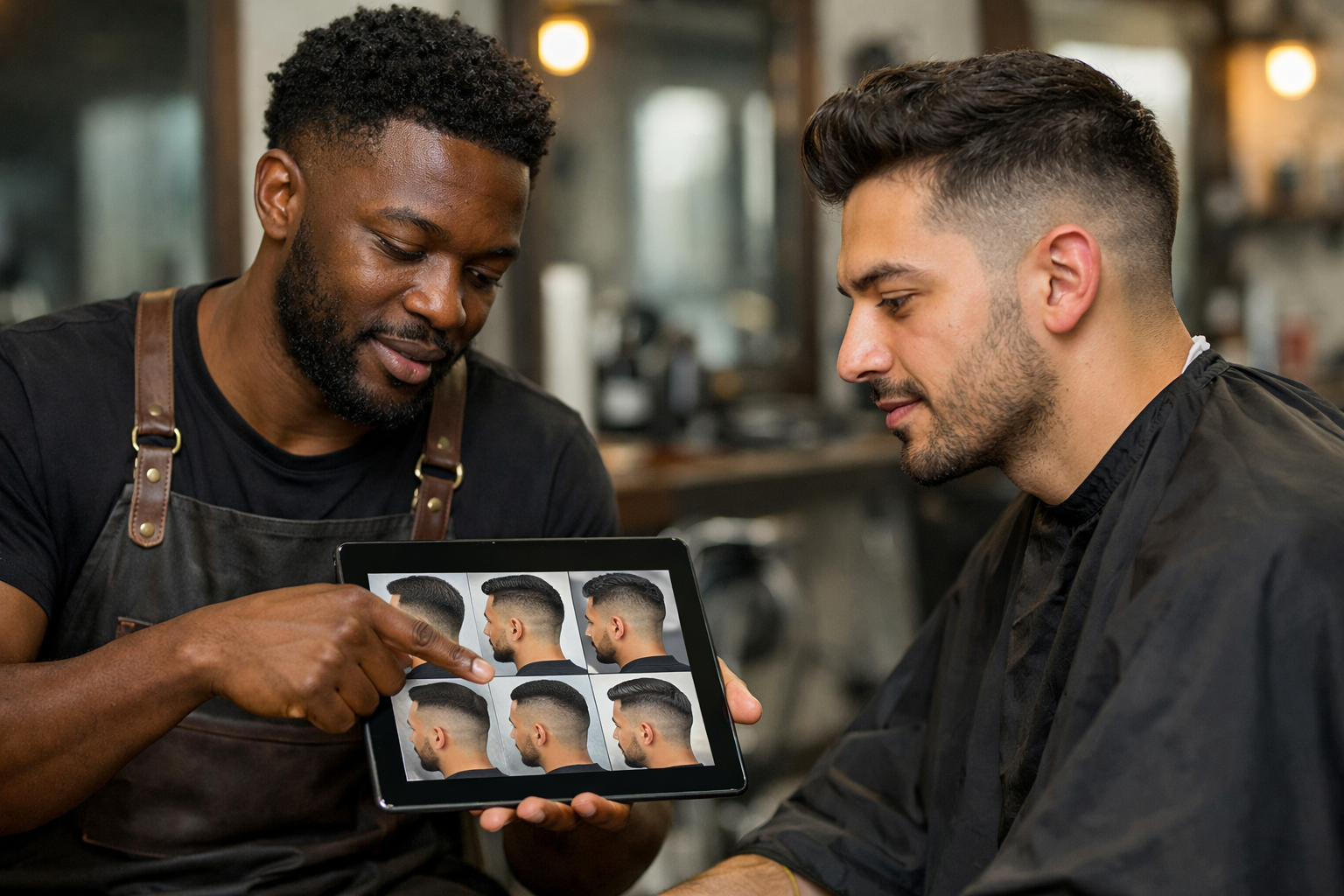 Barbeiro mostrando simulação de corte degradê em tablet para cliente antes do atendimento