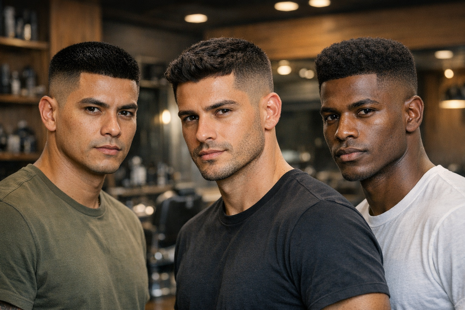 Três homens com texturas de fio diferentes e cortes militares curtos em barbearia