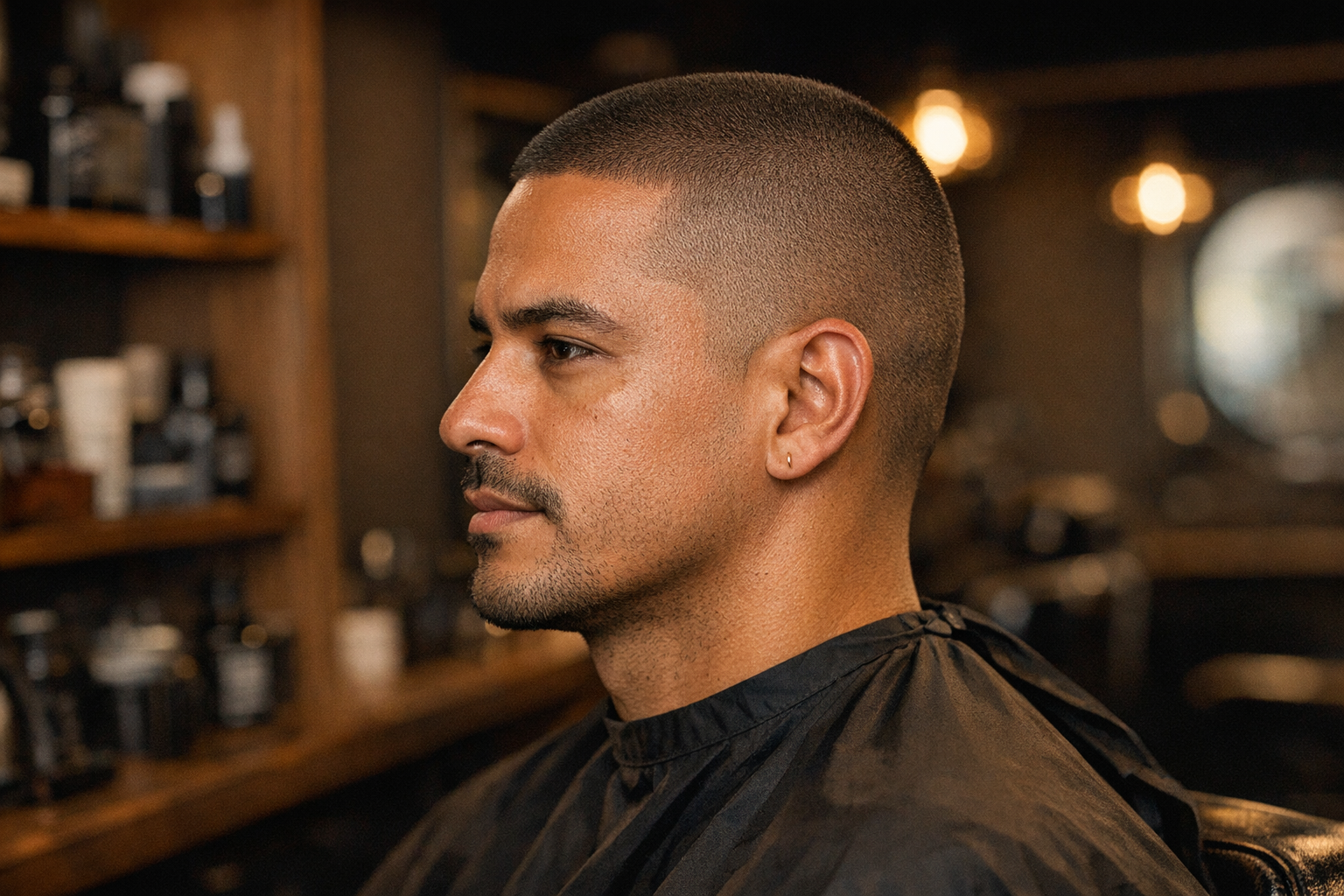 Homem com buzz cut, raspado uniforme em toda a cabeça