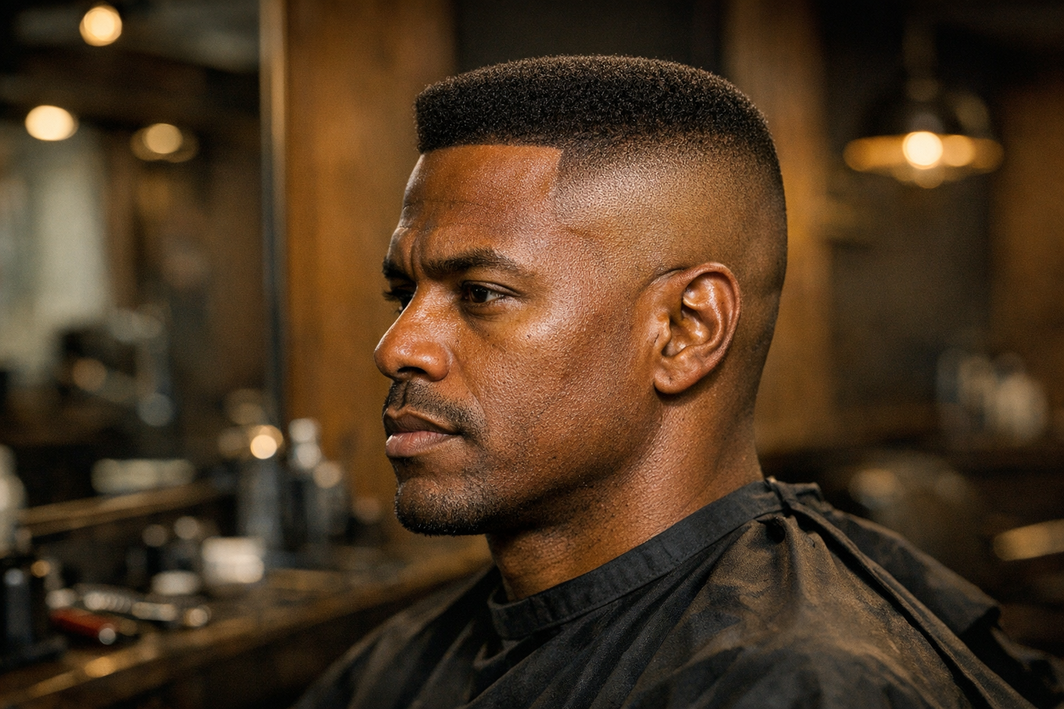 Homem com high and tight, laterais raspadas e contraste marcado