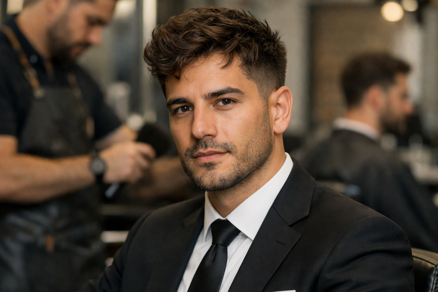 Corte social moderno com textura no topo em homem de rosto oval