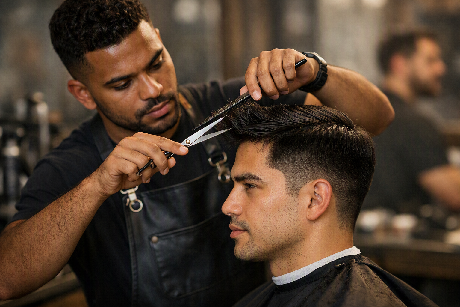 Barbeiro executando corte social com tesoura em cliente adulto