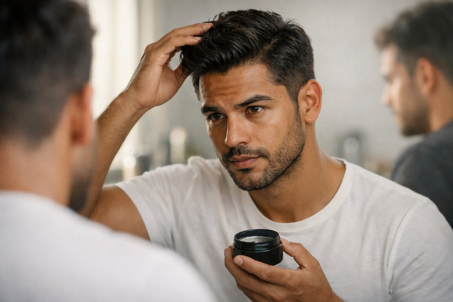 Homem aplicando pomada em corte social moderno diante do espelho