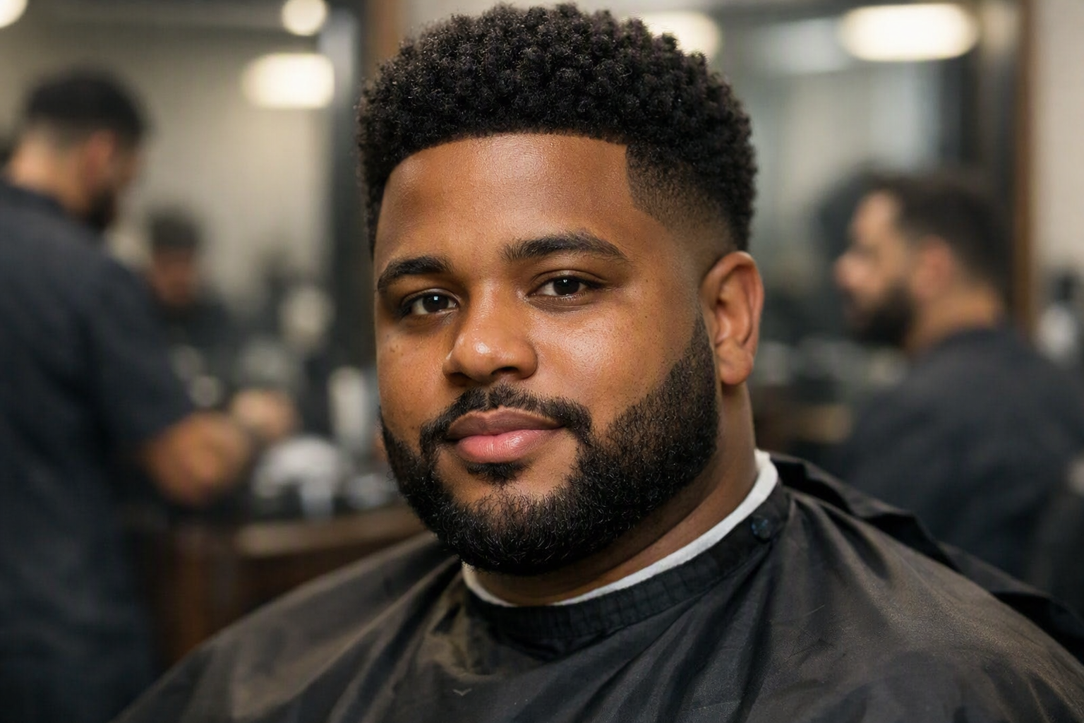 Corte social baixo em homem com rosto redondo e barba estruturada