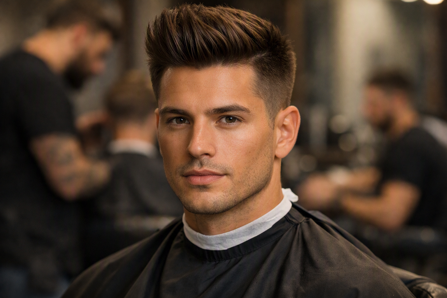 Corte americano com laterais curtas em homem com rosto triangular e cabelos castanhos