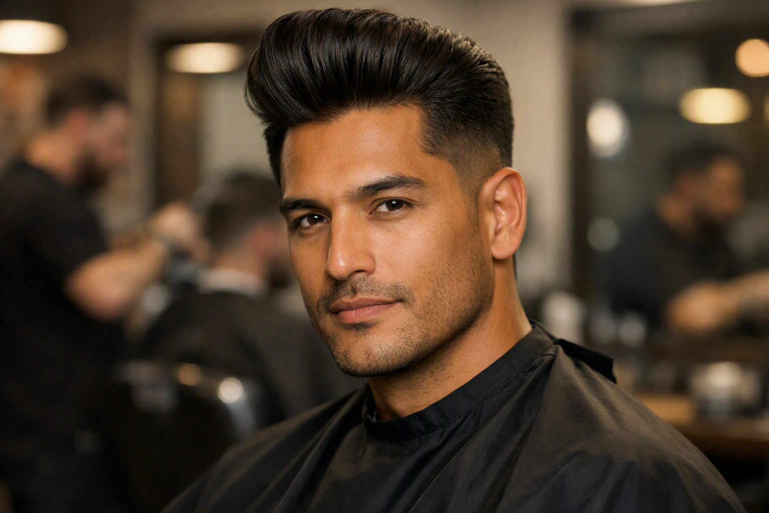 Corte pompadour com volume frontal em homem com rosto alongado e cabelos lisos