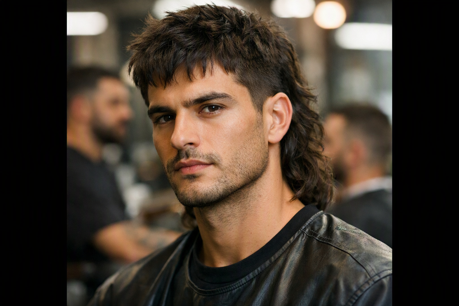 Corte mullet moderno em homem com rosto quadrado e cabelos ondulados compridos atrás