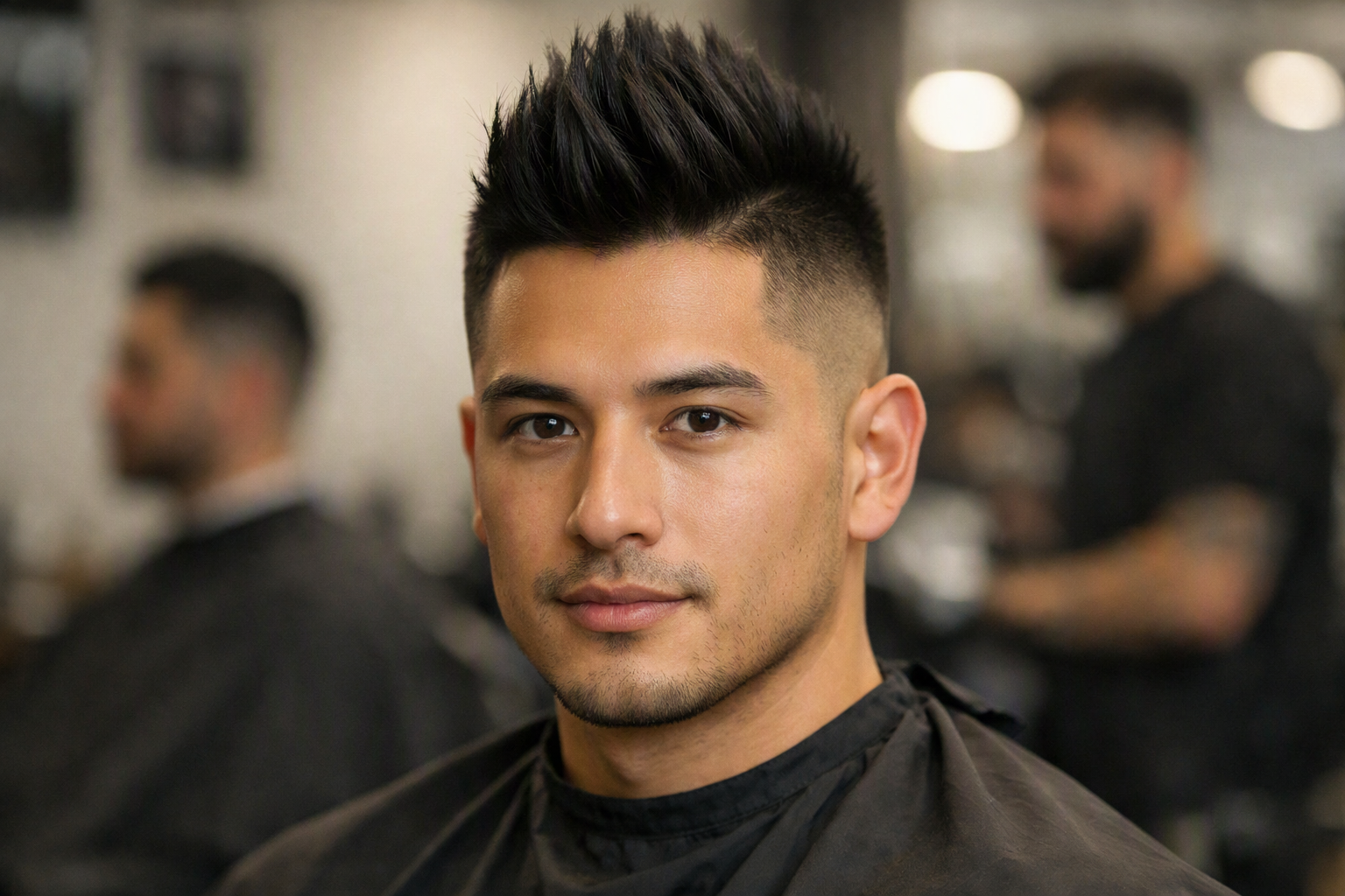 Corte moicano moderno com faixa central texturizada em homem com rosto oval