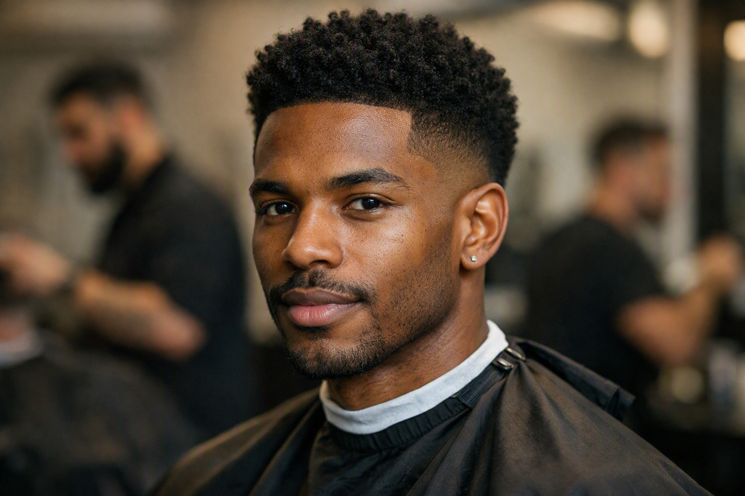 Corte taper fade com transição baixa em homem com rosto diamante e cabelos crespos