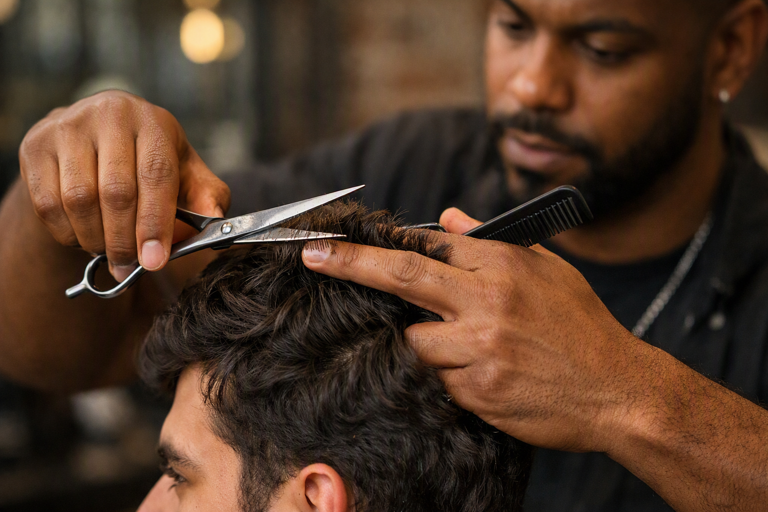 Barbeiro cortando cabelo ondulado masculino com técnica diagonal preservando movimento