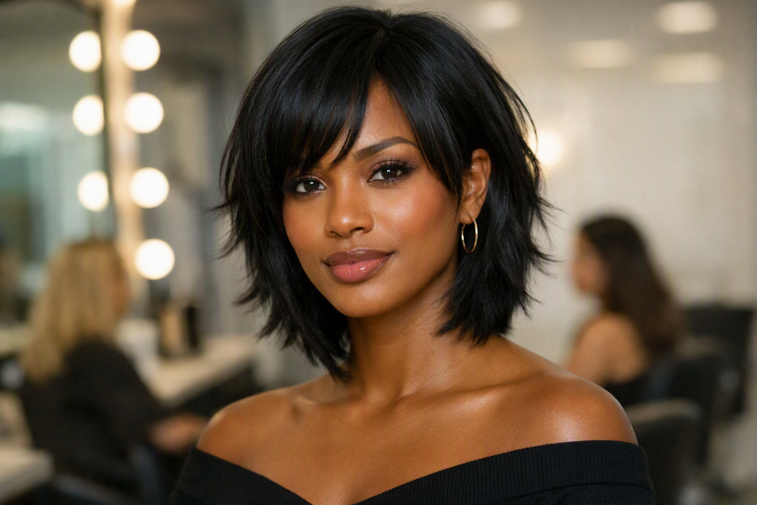 Repicado curto com camadas texturizadas em mulher com rosto oval e cabelo liso