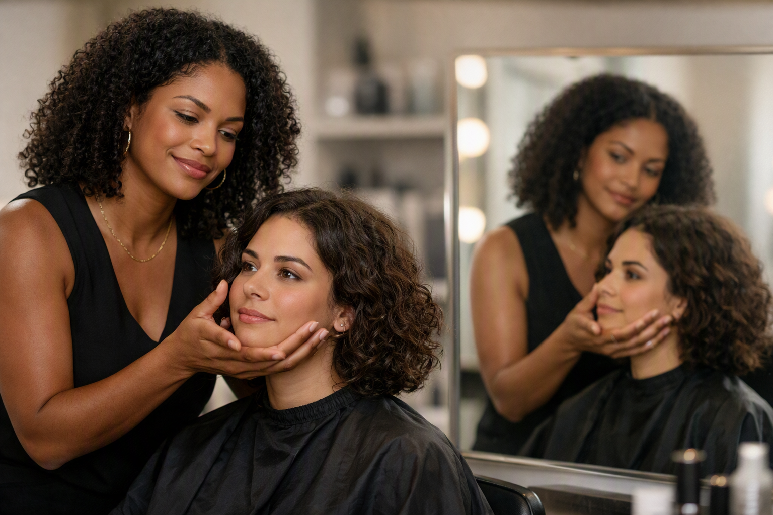 Cabeleireira analisando proporções faciais de cliente antes de corte repicado